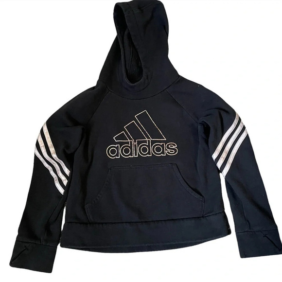 Adidas  Girls Black and Gold Stripes Hoodie Sz S - Picture 1 of 9